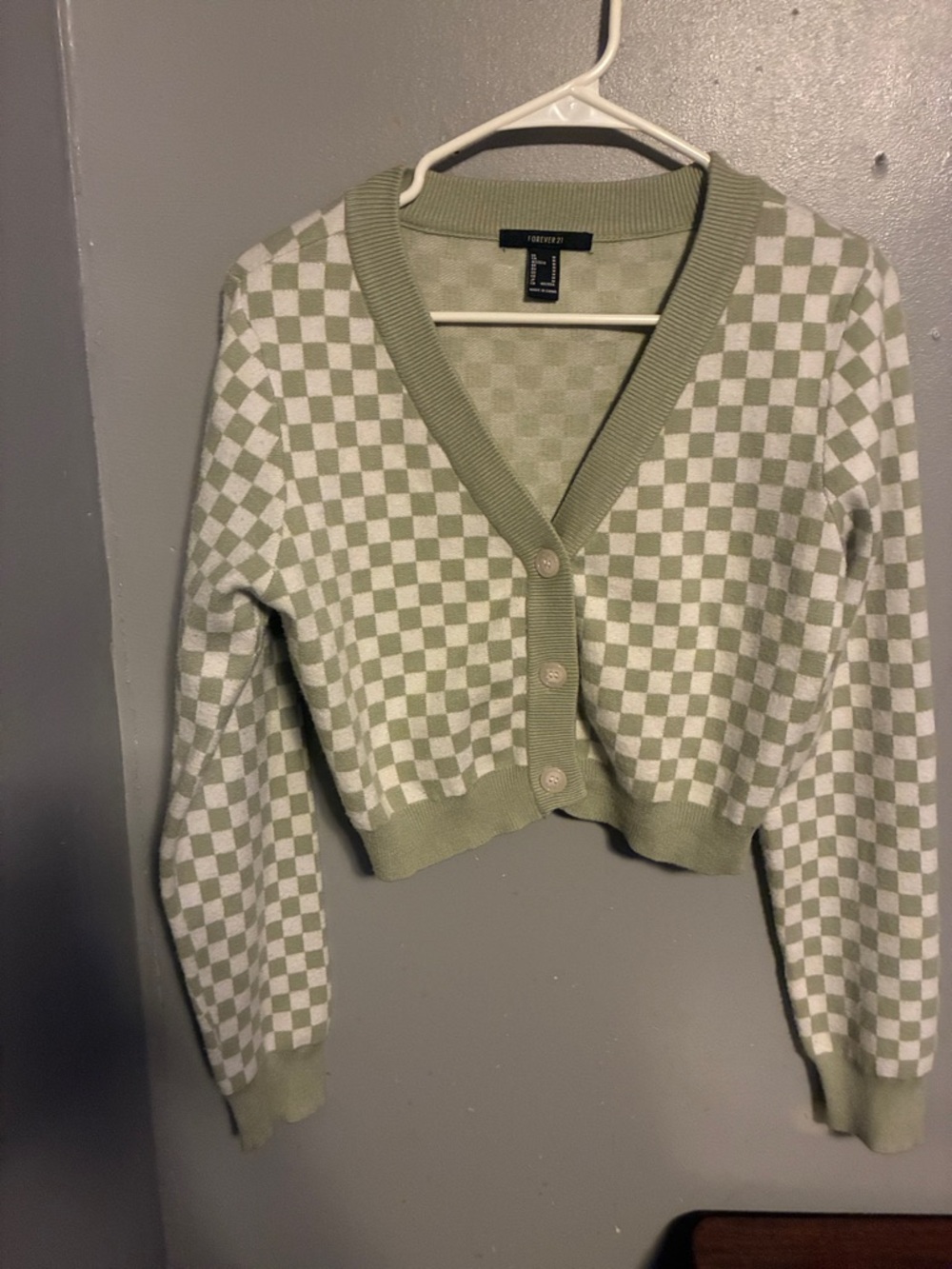 Forever 21 Sage Green & White Checkerboard V-Neck Cardigan